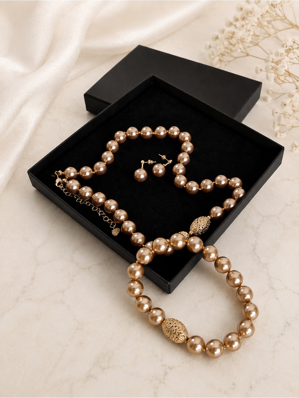 Champagne Faux Pearl Jewelry Set Necklace Bracelet Earrings